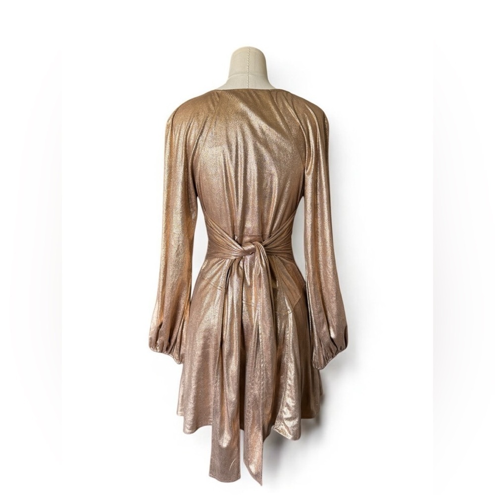 FREE PEOPLE | Good As Gold Foil Metallic Holiday Tie Wrapped Plunge Mini Dress 4 - Picture 3 of 7